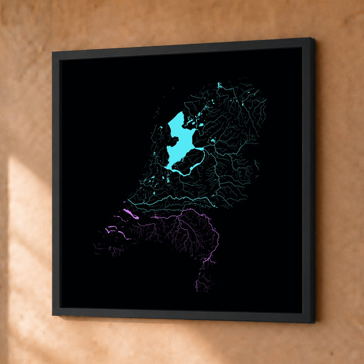 Beautiful Rivers — Países Baixos — Neon hidrográfico, Fine art emoldurado · 50 × 50 cm, Preto · Sem margem