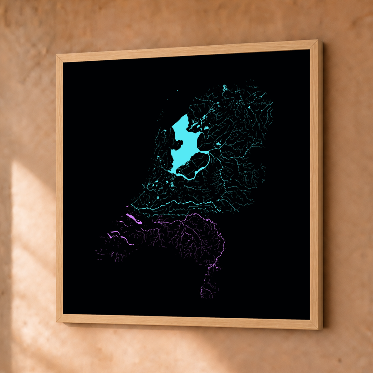 Beautiful Rivers — Países Baixos — Neon hidrográfico, Fine art emoldurado · 50 × 50 cm, Natural · Sem margem