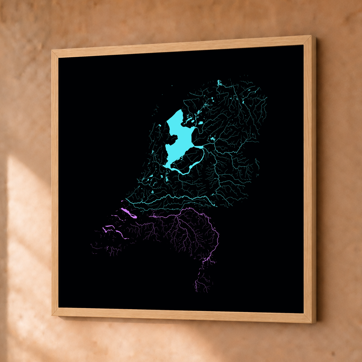 Beautiful Rivers — Países Baixos — Neon hidrográfico, Fine art emoldurado · 76 × 76 cm, Natural · Sem margem