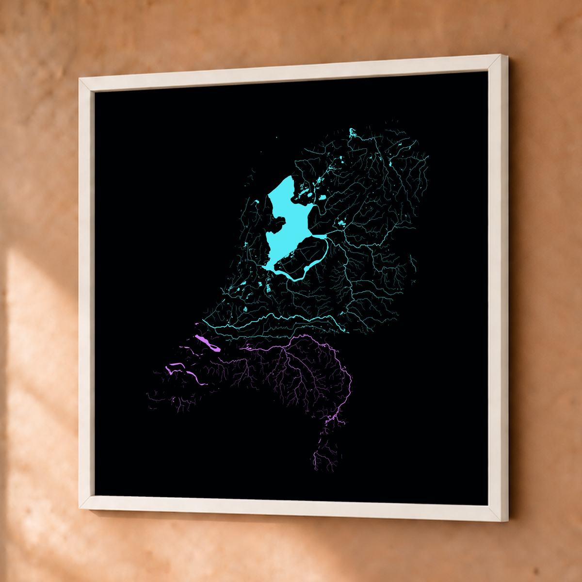 Beautiful Rivers — Países Baixos — Neon hidrográfico, Fine art emoldurado · 76 × 76 cm, Branco · Sem margem