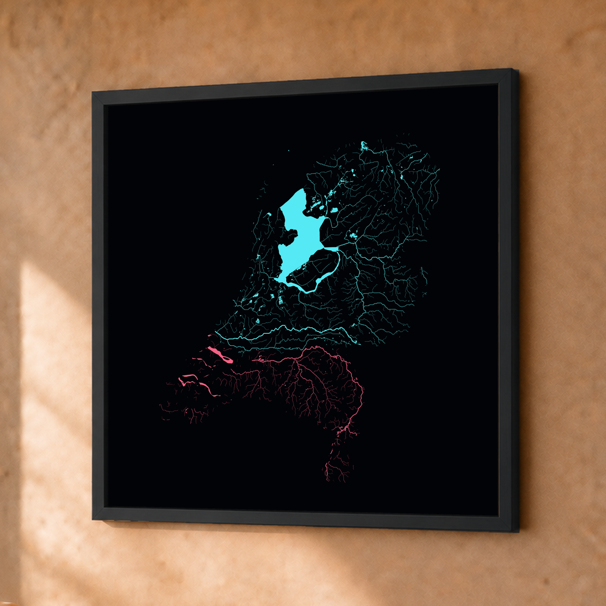 Beautiful Rivers — Países Baixos — Neon por território, Fine art emoldurado · 30 × 30 cm, Preto · Sem margem