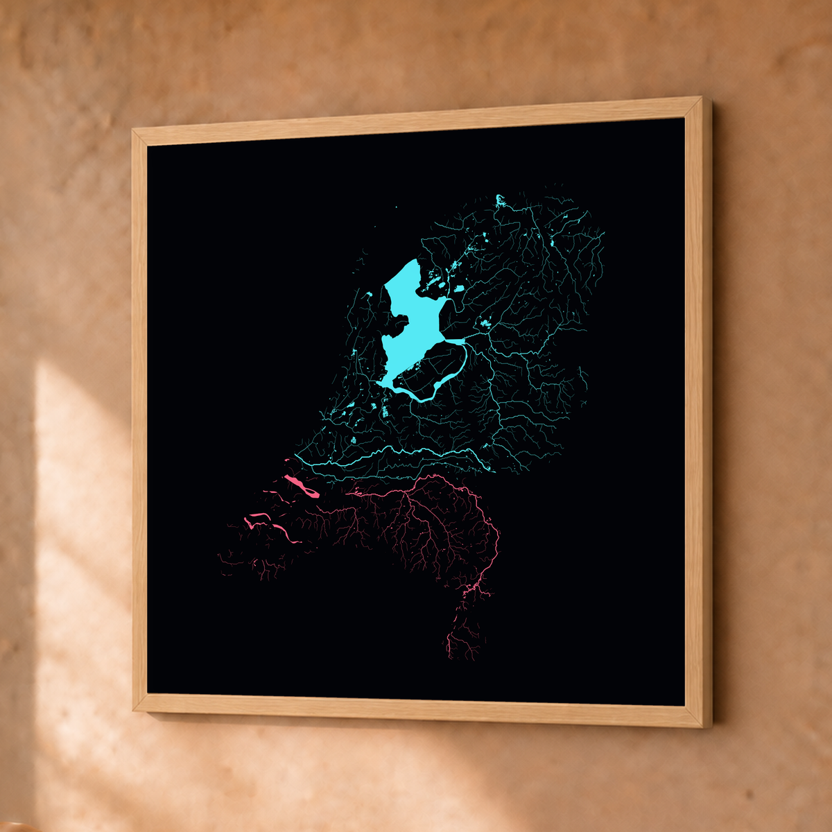 Beautiful Rivers — Países Baixos — Neon por território, Fine art emoldurado · 30 × 30 cm, Natural · Sem margem