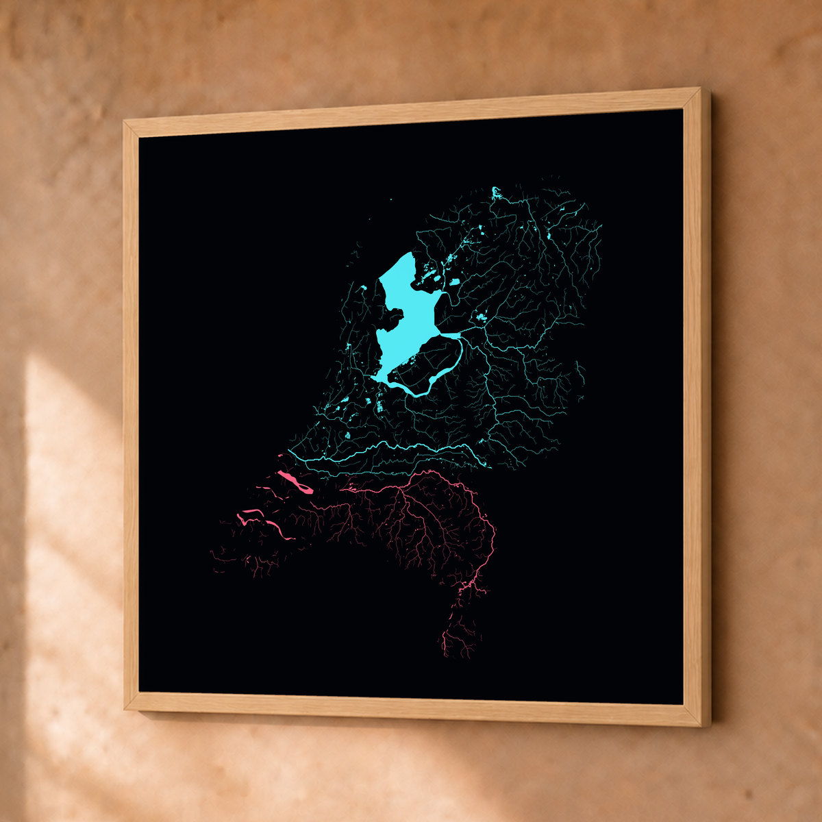 Beautiful Rivers — Países Baixos — Neon por território, Fine art emoldurado · 50 × 50 cm, Natural · Sem margem