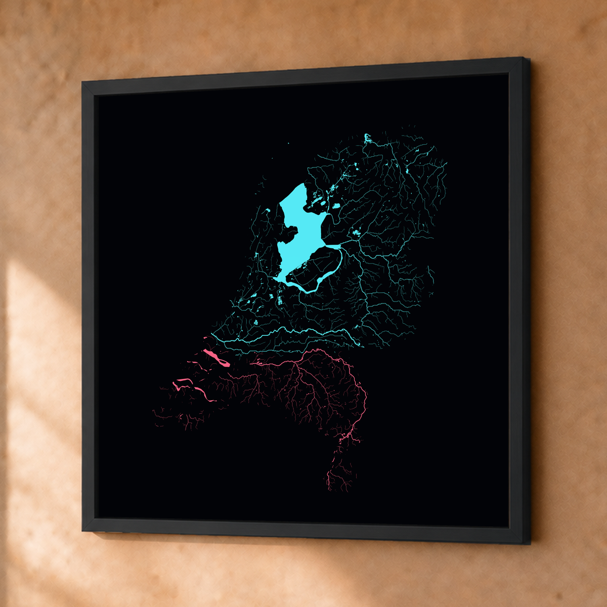 Beautiful Rivers — Países Baixos — Neon por território, Fine art emoldurado · 76 × 76 cm, Preto · Sem margem
