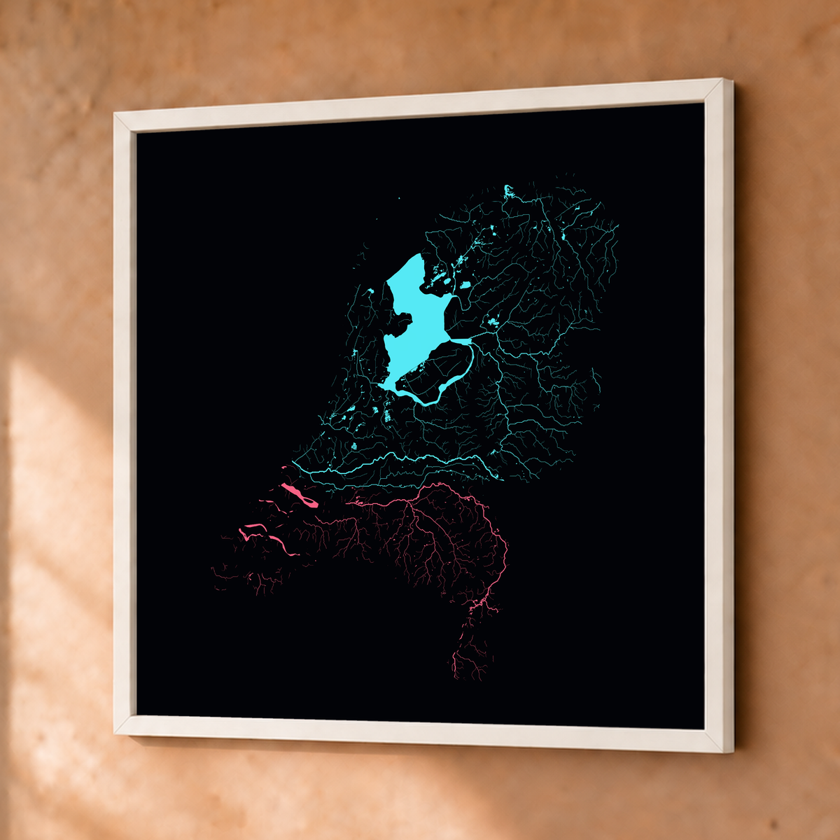 Beautiful Rivers — Países Baixos — Neon por território, Fine art emoldurado · 76 × 76 cm, Branco · Sem margem
