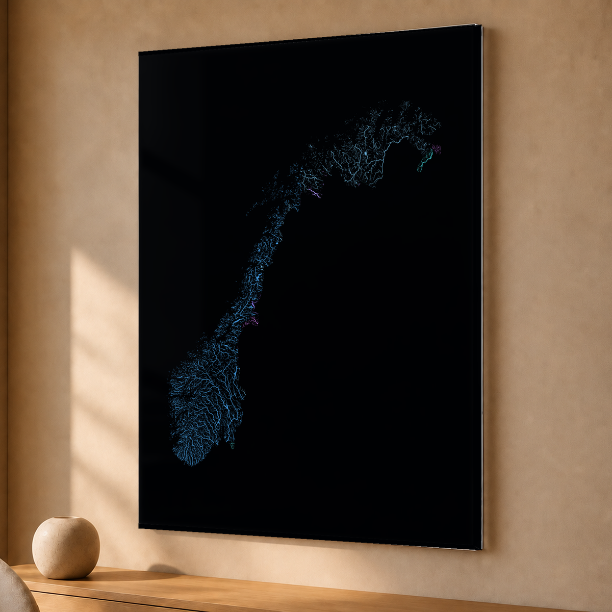 Beautiful Rivers — Noruega — Neon hidrográfico, Acrílico · 30 × 40 cm, Sem margem