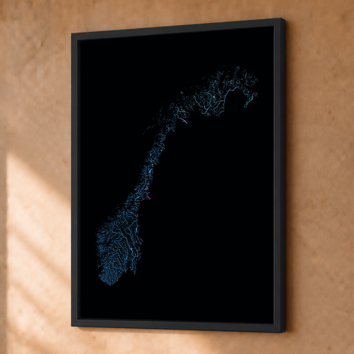 Beautiful Rivers — Noruega — Neon hidrográfico, Fine art emoldurado · 30 × 40 cm, Preto · Sem margem