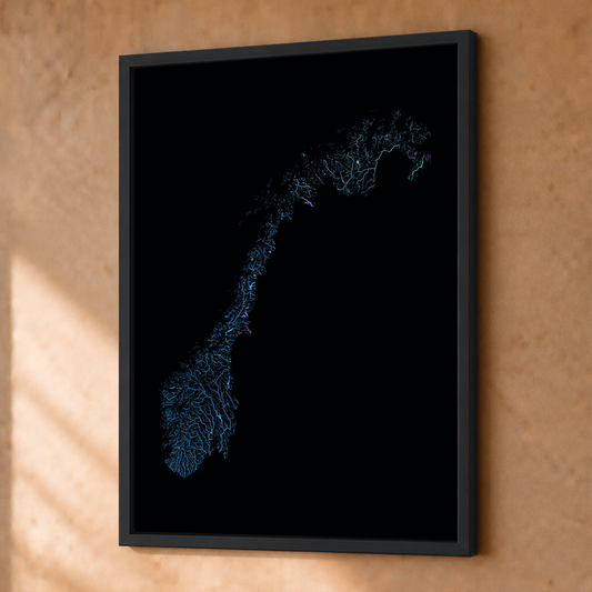 Beautiful Rivers — Noruega — Neon hidrográfico, Fine art emoldurado · 30 × 40 cm, Preto · Sem margem