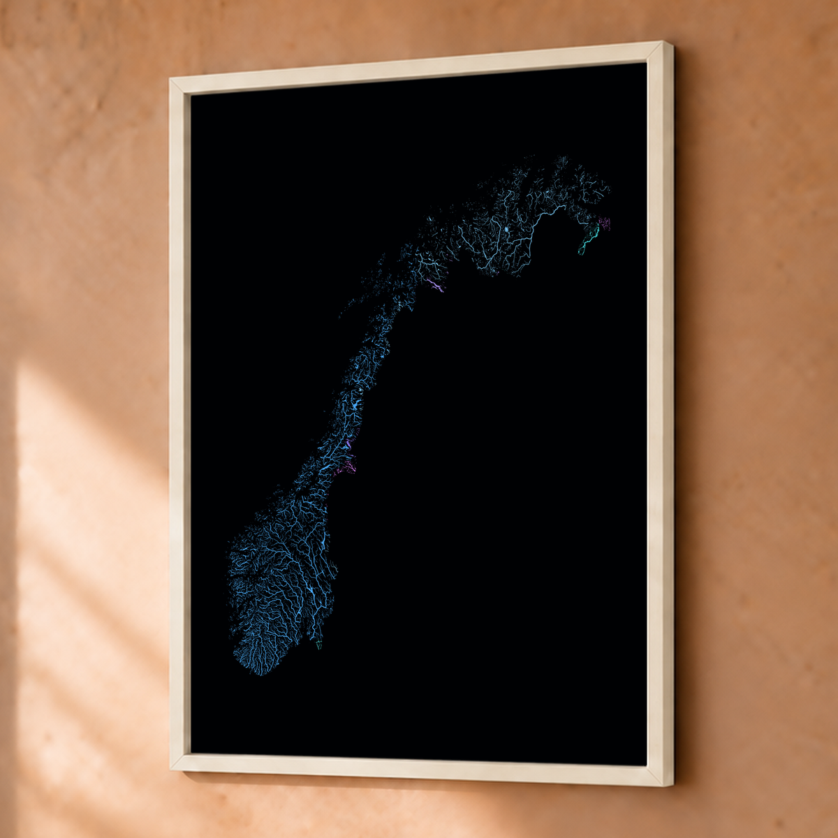 Beautiful Rivers — Noruega — Neon hidrográfico, Fine art emoldurado · 30 × 40 cm, Branco · Sem margem