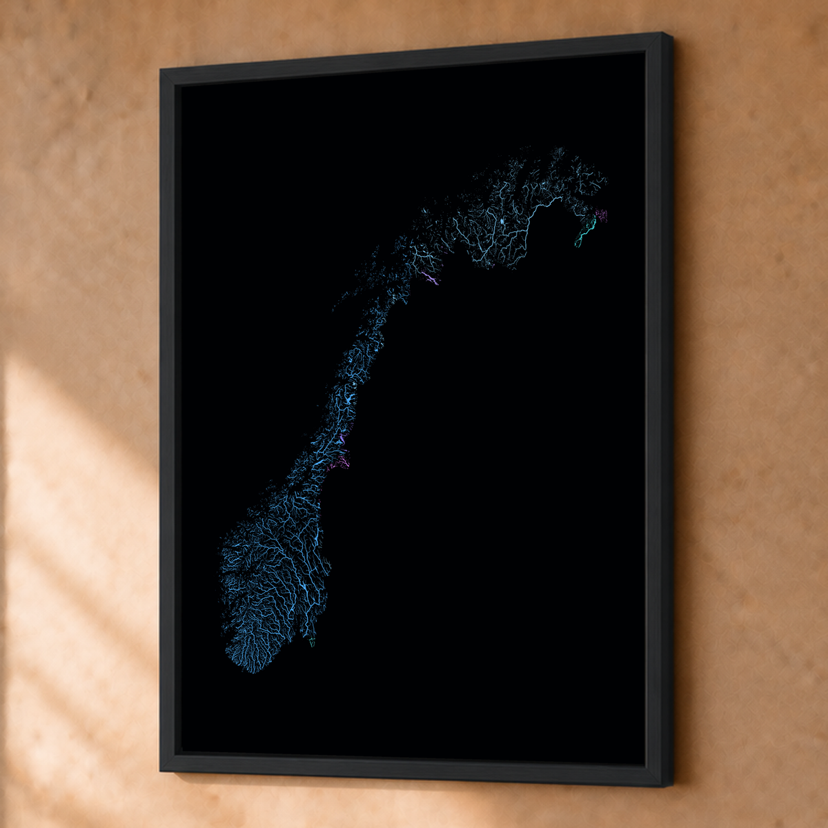 Beautiful Rivers — Noruega — Neon hidrográfico, Fine art emoldurado · 45 × 60 cm, Preto · Sem margem