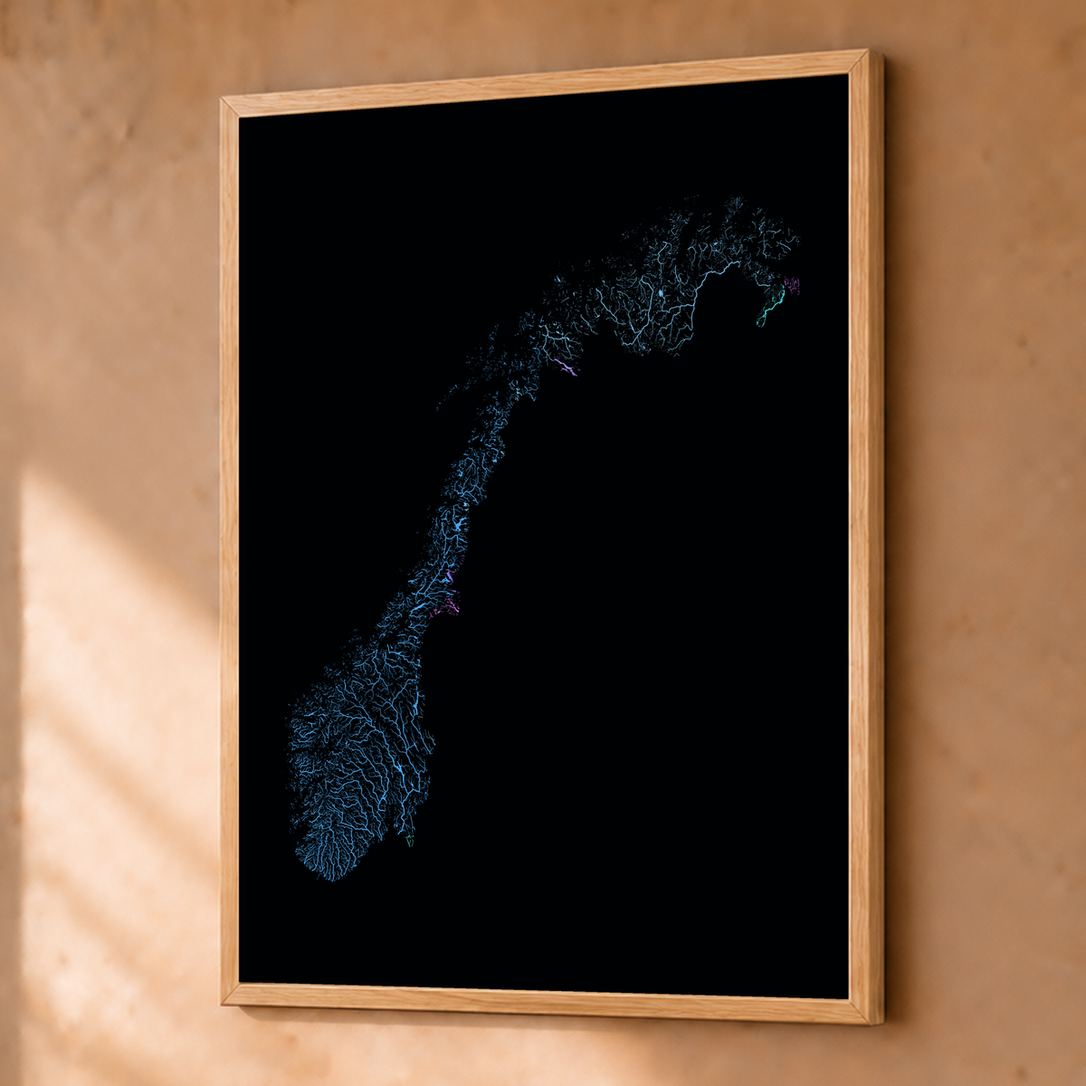 Beautiful Rivers — Noruega — Neon hidrográfico, Fine art emoldurado · 45 × 60 cm, Natural · Sem margem