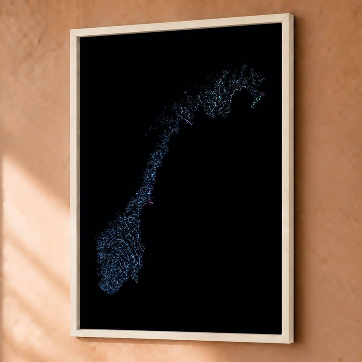 Beautiful Rivers — Noruega — Neon hidrográfico, Fine art emoldurado · 45 × 60 cm, Branco · Sem margem
