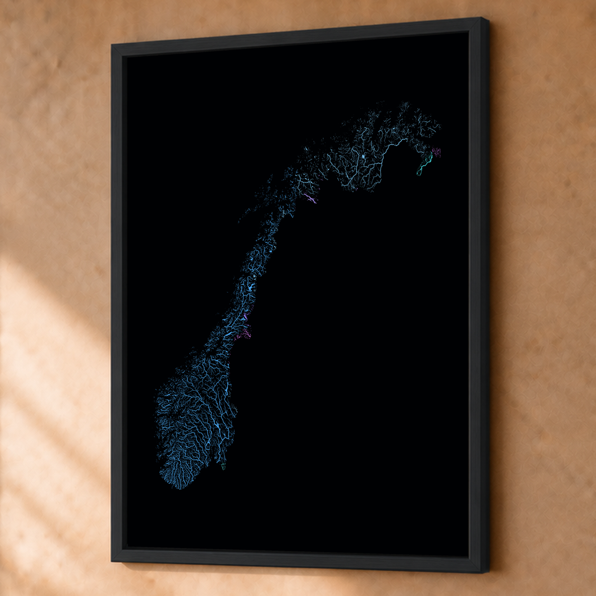 Beautiful Rivers — Noruega — Neon hidrográfico, Fine art emoldurado · 60 × 80 cm, Preto · Sem margem