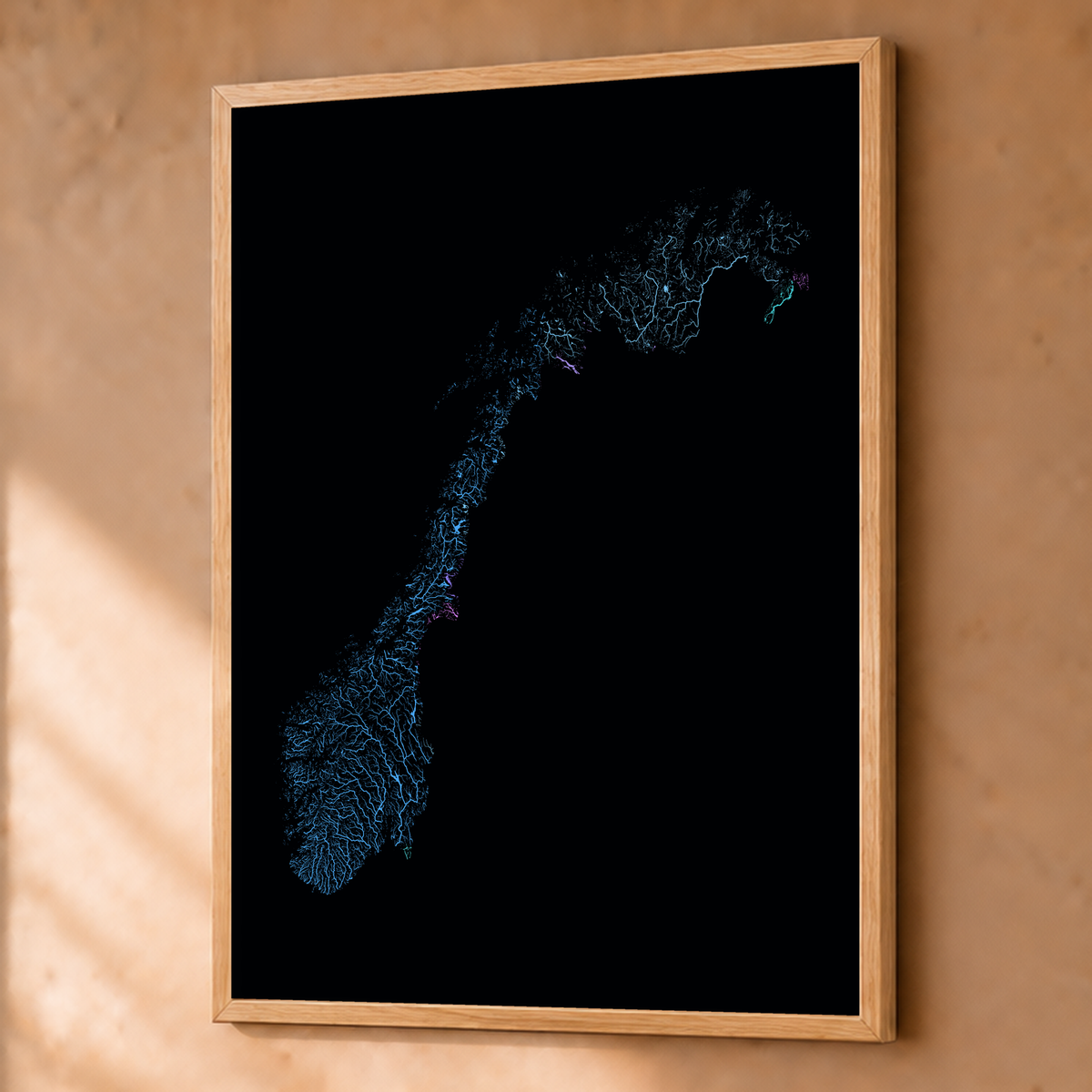Beautiful Rivers — Noruega — Neon hidrográfico, Fine art emoldurado · 60 × 80 cm, Natural · Sem margem