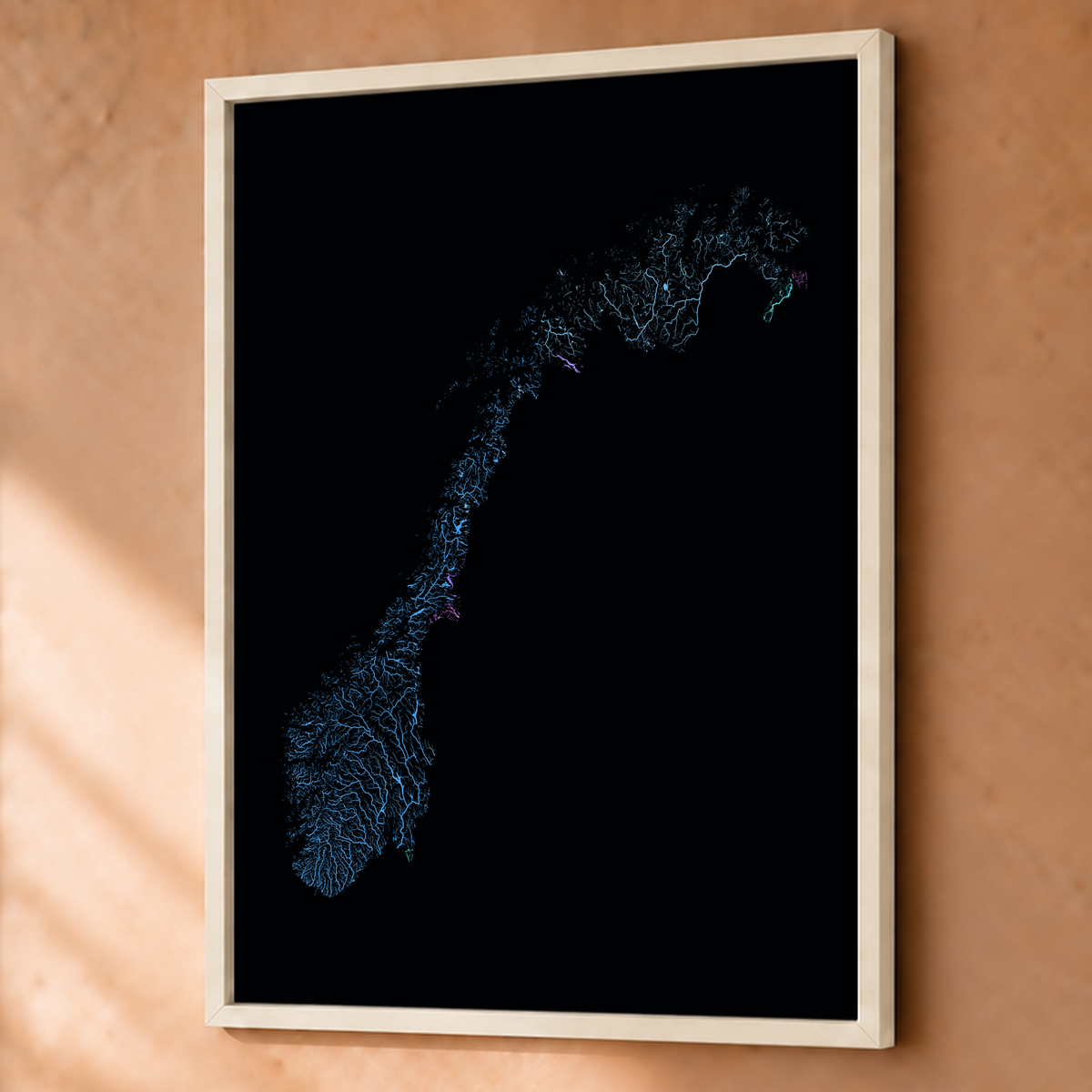 Beautiful Rivers — Noruega — Neon hidrográfico, Fine art emoldurado · 60 × 80 cm, Branco · Sem margem
