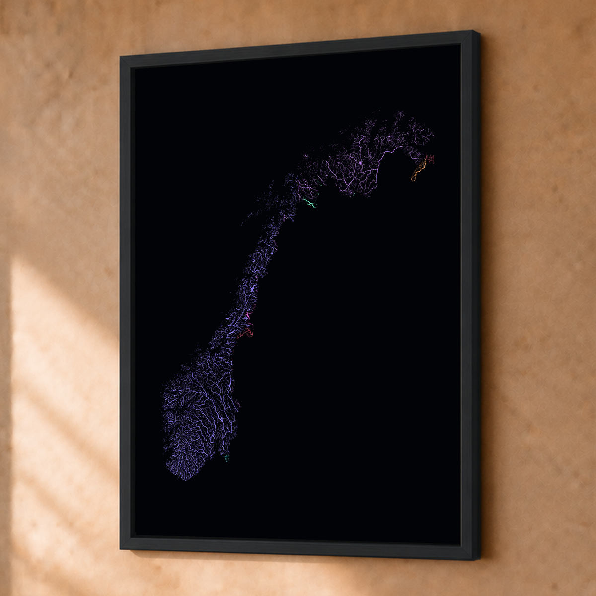 Beautiful Rivers — Noruega — Neon por território, Fine art emoldurado · 30 × 40 cm, Preto · Sem margem