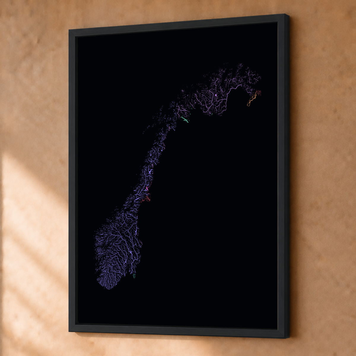 Beautiful Rivers — Noruega — Neon por território, Fine art emoldurado · 45 × 60 cm, Preto · Sem margem