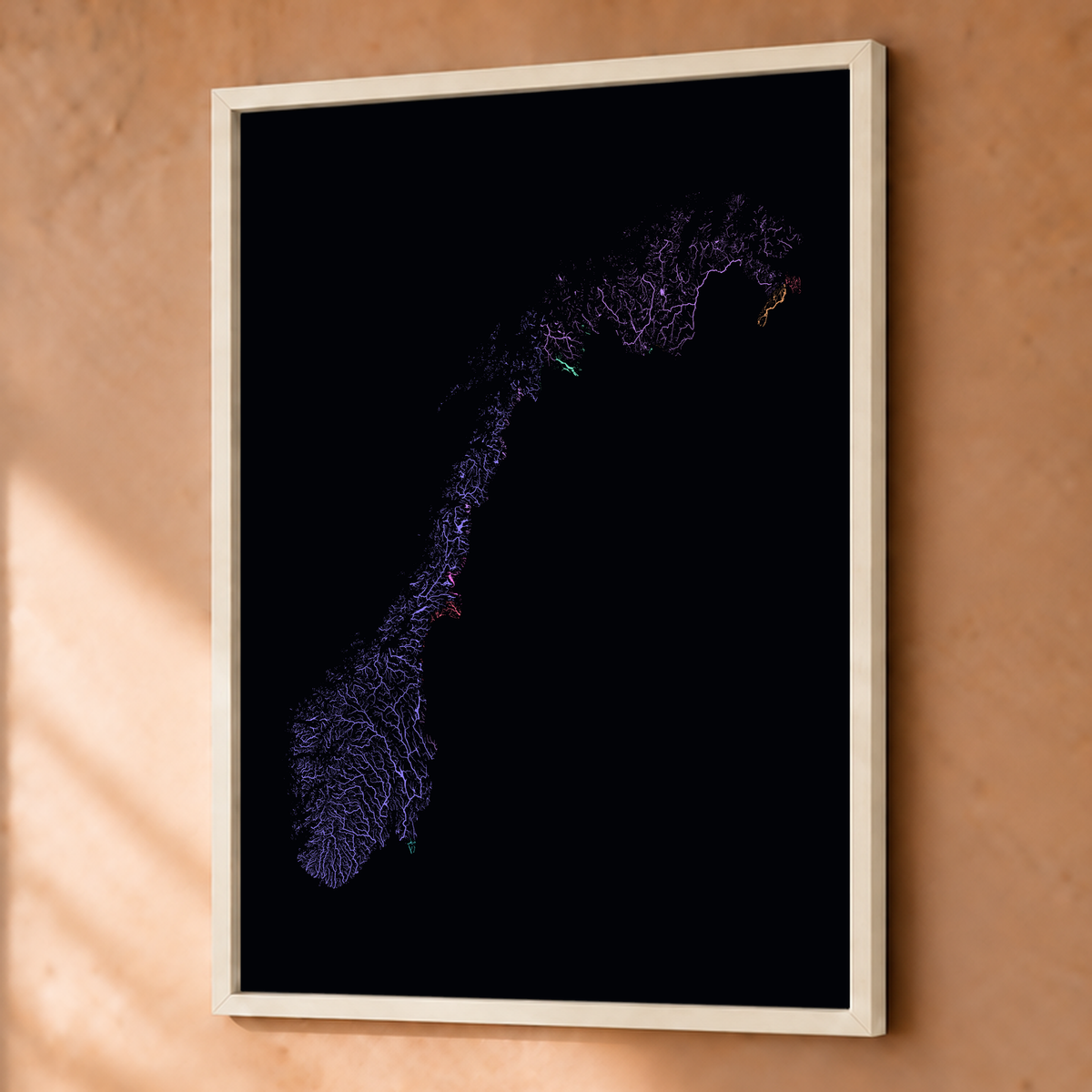 Beautiful Rivers — Noruega — Neon por território, Fine art emoldurado · 45 × 60 cm, Branco · Sem margem