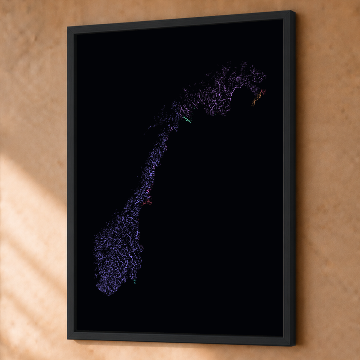 Beautiful Rivers — Noruega — Neon por território, Fine art emoldurado · 60 × 80 cm, Preto · Sem margem
