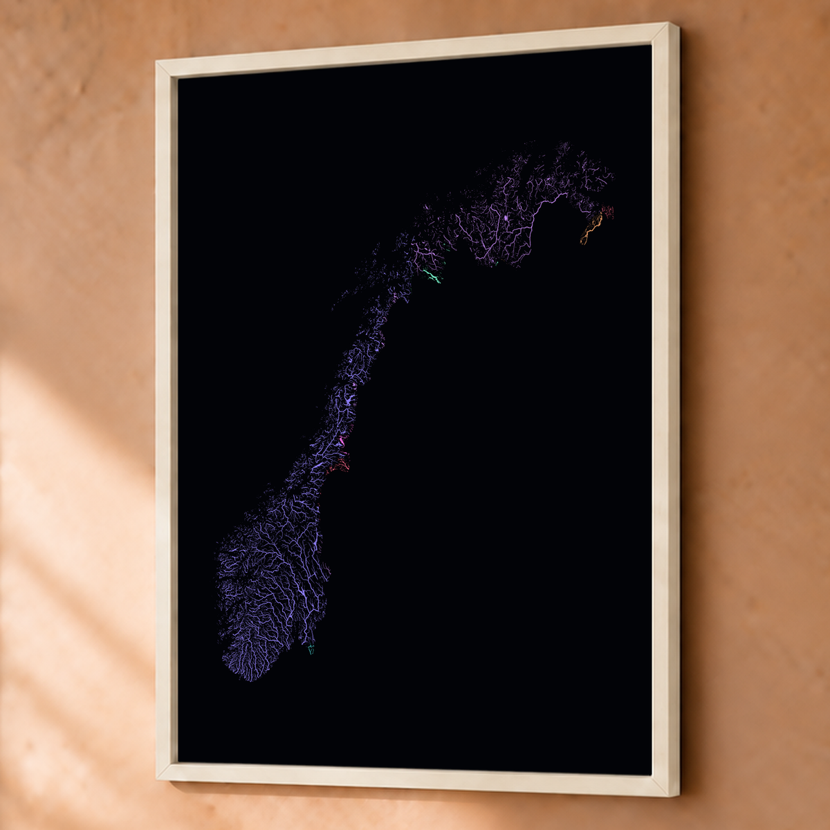 Beautiful Rivers — Noruega — Neon por território, Fine art emoldurado · 60 × 80 cm, Branco · Sem margem