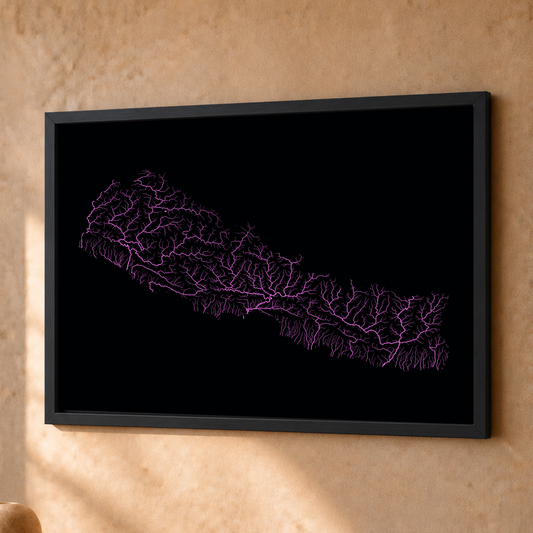 Beautiful Rivers — Nepal — Neon hidrográfico, Fine art emoldurado · 30 × 40 cm, Preto · Sem margem