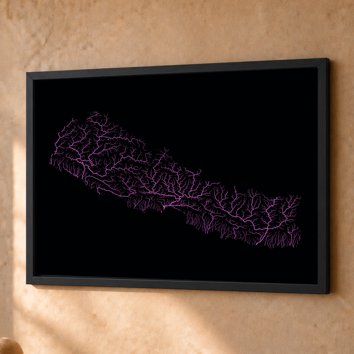 Beautiful Rivers — Nepal — Neon hidrográfico, Fine art emoldurado · 45 × 60 cm, Preto · Sem margem