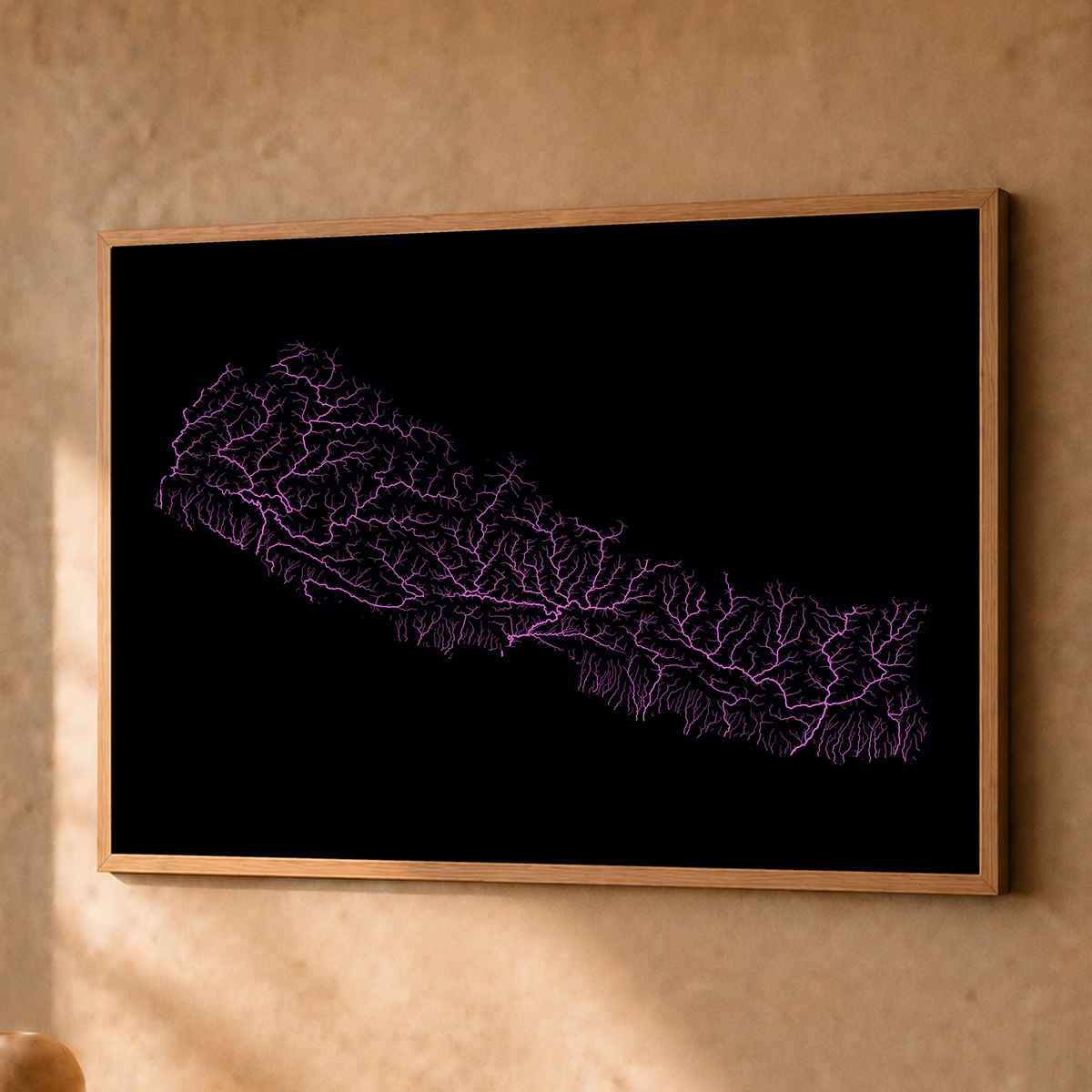 Beautiful Rivers — Nepal — Neon hidrográfico, Fine art emoldurado · 45 × 60 cm, Natural · Sem margem