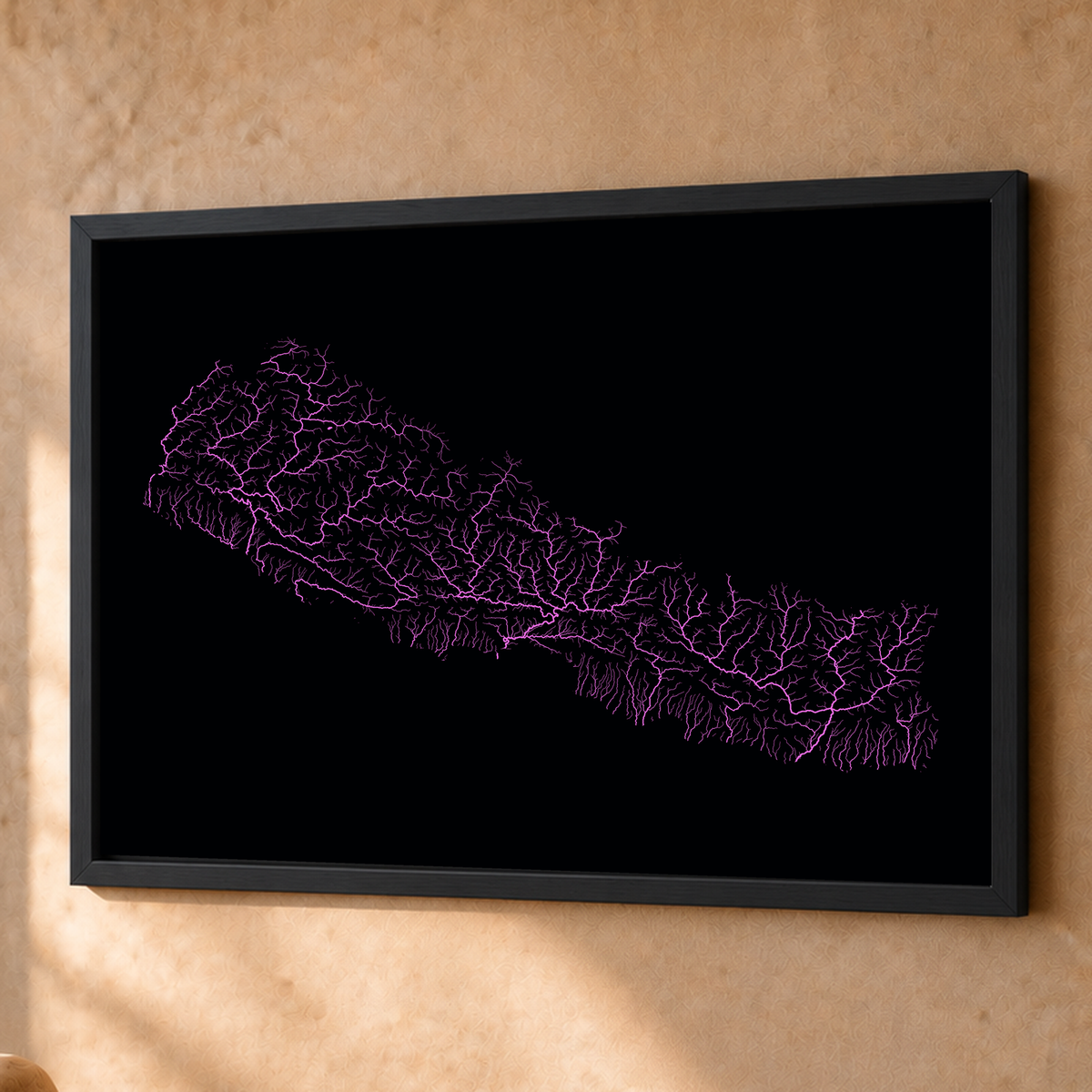 Beautiful Rivers — Nepal — Neon hidrográfico, Fine art emoldurado · 60 × 80 cm, Preto · Sem margem