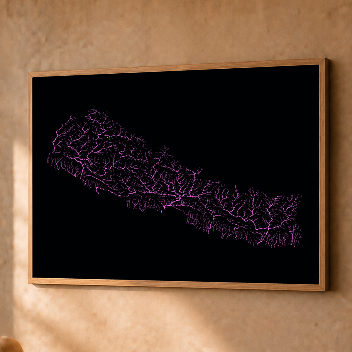 Beautiful Rivers — Nepal — Neon hidrográfico, Fine art emoldurado · 60 × 80 cm, Natural · Sem margem