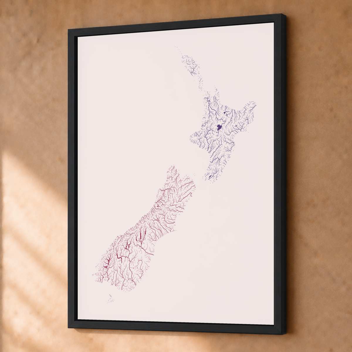 Beautiful Rivers — Nova Zelândia — Ameixa e rosé, Fine art emoldurado · 45 × 60 cm, Preto · Sem margem