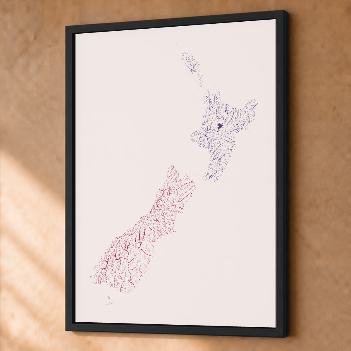 Beautiful Rivers — Nova Zelândia — Ameixa e rosé, Fine art emoldurado · 60 × 80 cm, Preto · Sem margem