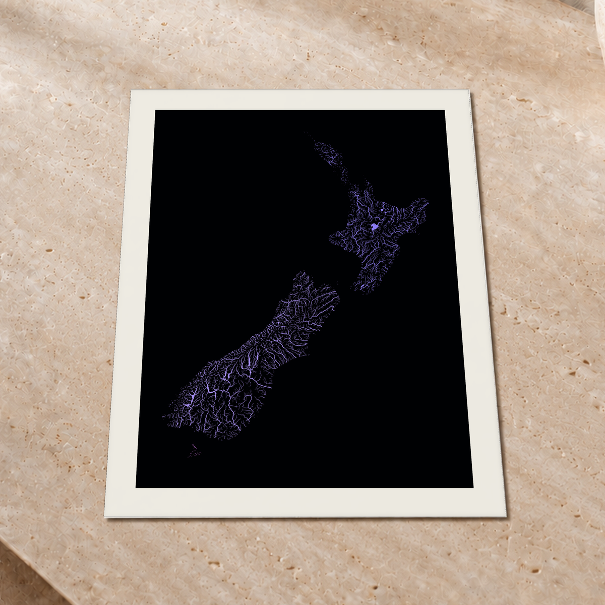 Beautiful Rivers — Nova Zelândia — Neon hidrográfico, Impressão fine art · 45 × 60 cm, Margem branca