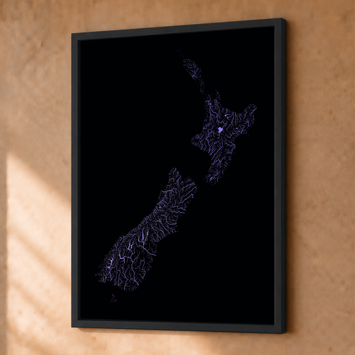 Beautiful Rivers — Nova Zelândia — Neon hidrográfico, Fine art emoldurado · 30 × 40 cm, Preto · Sem margem