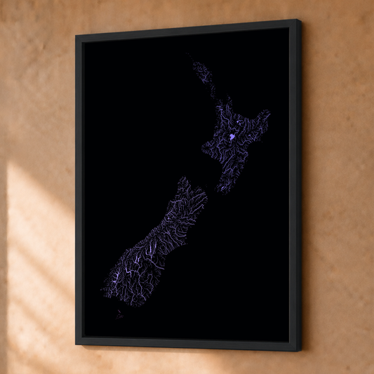 Beautiful Rivers — Nova Zelândia — Neon hidrográfico, Fine art emoldurado · 30 × 40 cm, Preto · Sem margem
