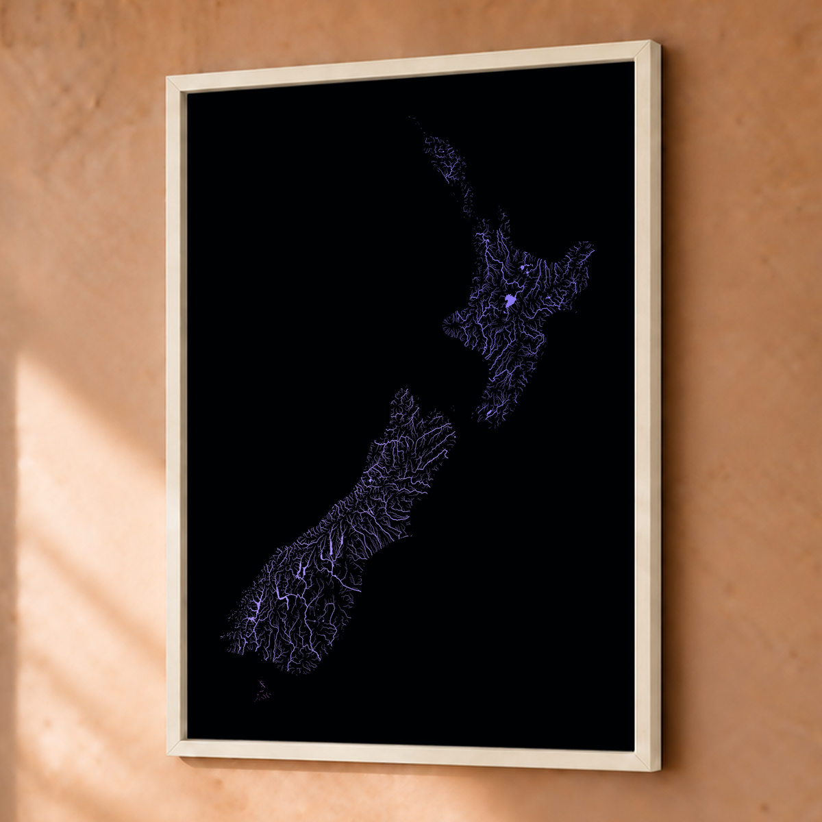 Beautiful Rivers — Nova Zelândia — Neon hidrográfico, Fine art emoldurado · 30 × 40 cm, Branco · Sem margem
