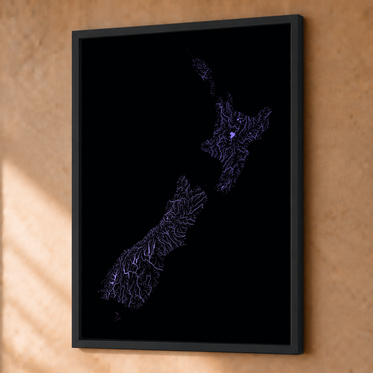 Beautiful Rivers — Nova Zelândia — Neon hidrográfico, Fine art emoldurado · 45 × 60 cm, Preto · Sem margem