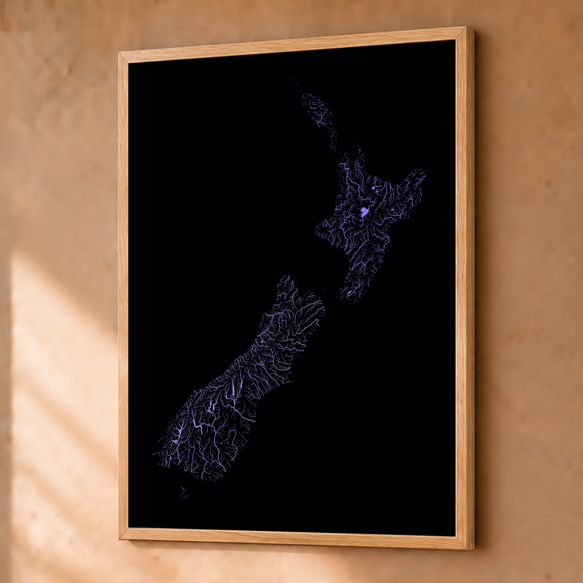 Beautiful Rivers — Nova Zelândia — Neon hidrográfico, Fine art emoldurado · 45 × 60 cm, Natural · Sem margem