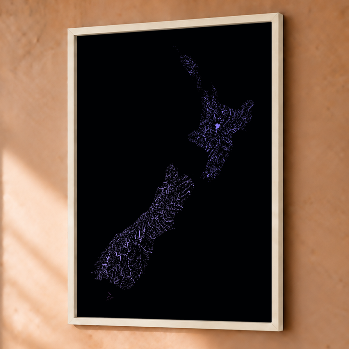 Beautiful Rivers — Nova Zelândia — Neon hidrográfico, Fine art emoldurado · 45 × 60 cm, Branco · Sem margem