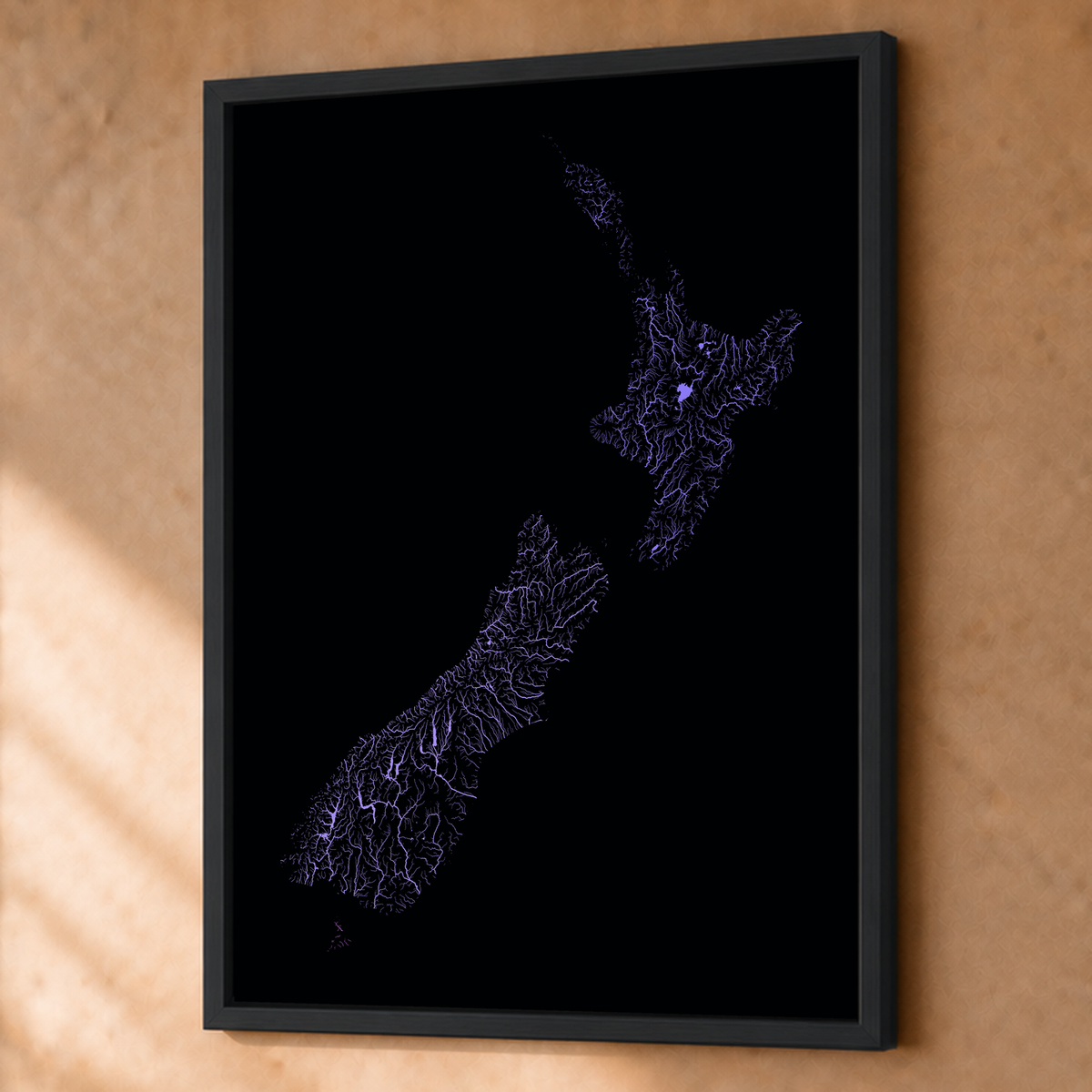 Beautiful Rivers — Nova Zelândia — Neon hidrográfico, Fine art emoldurado · 60 × 80 cm, Preto · Sem margem