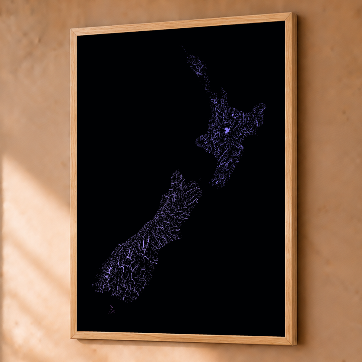 Beautiful Rivers — Nova Zelândia — Neon hidrográfico, Fine art emoldurado · 60 × 80 cm, Natural · Sem margem