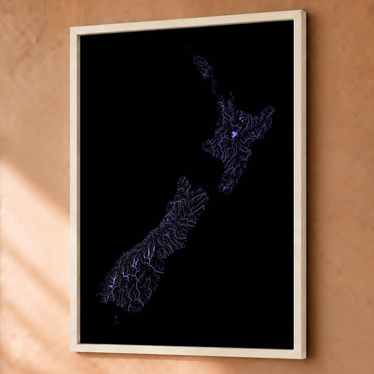 Beautiful Rivers — Nova Zelândia — Neon hidrográfico, Fine art emoldurado · 60 × 80 cm, Branco · Sem margem