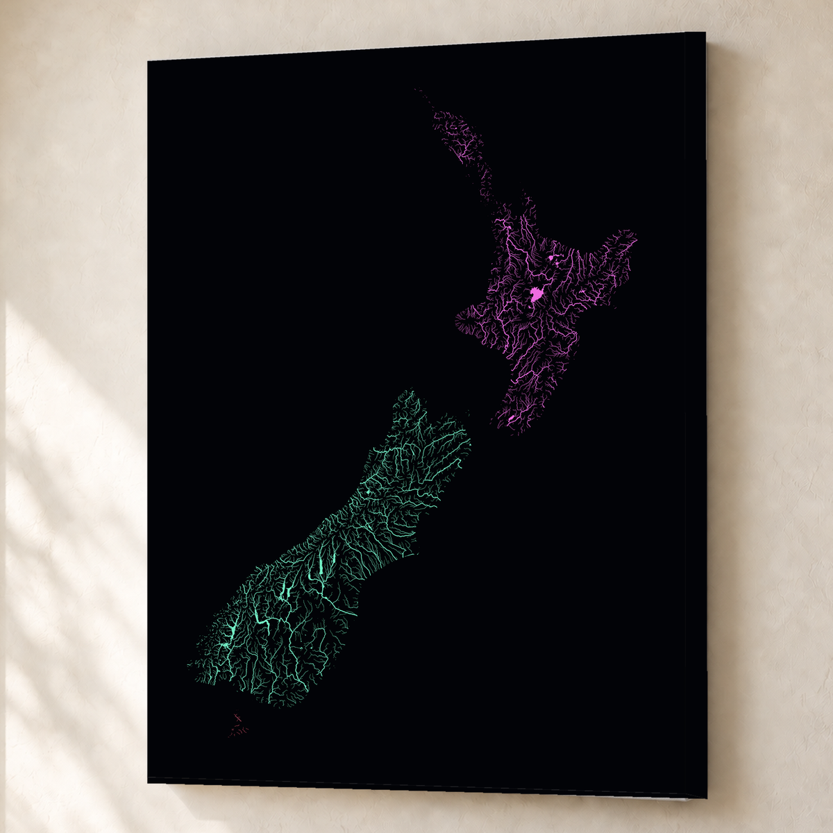 Beautiful Rivers — Nova Zelândia — Neon por território, Canvas · 60 × 80 cm, Sem margem