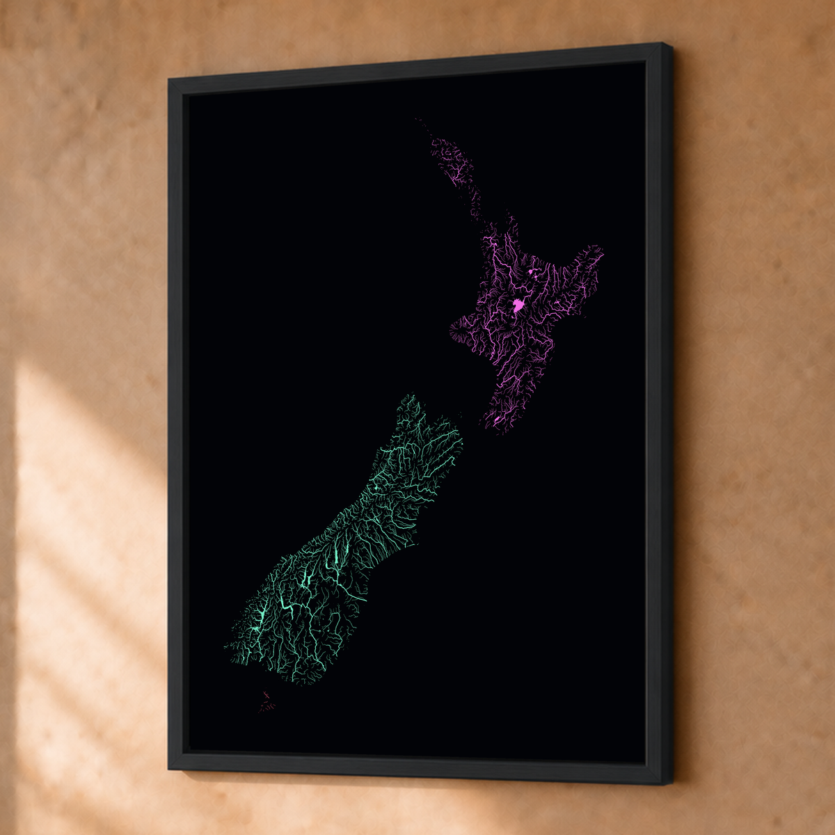 Beautiful Rivers — Nova Zelândia — Neon por território, Fine art emoldurado · 30 × 40 cm, Preto · Sem margem