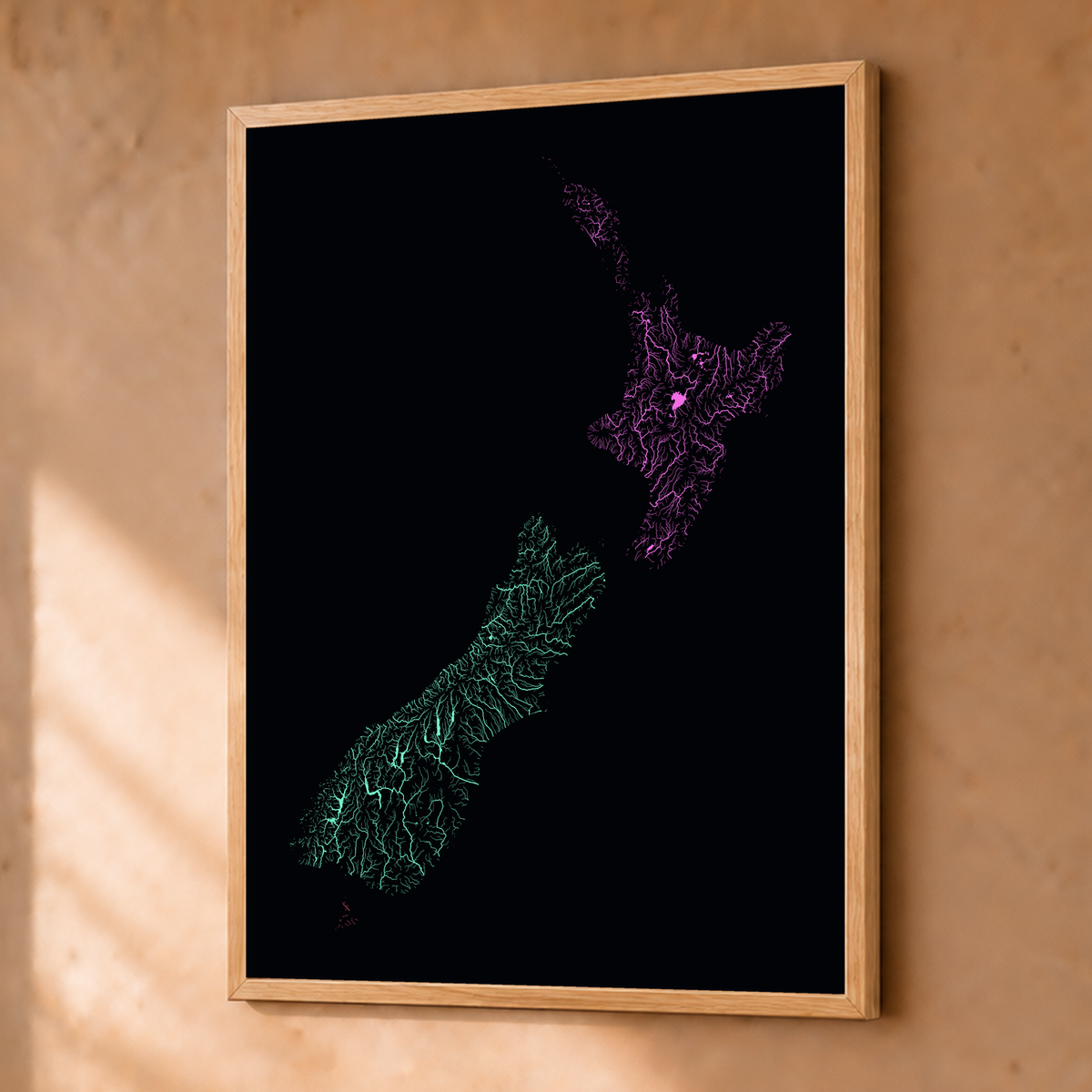 Beautiful Rivers — Nova Zelândia — Neon por território, Fine art emoldurado · 30 × 40 cm, Natural · Sem margem