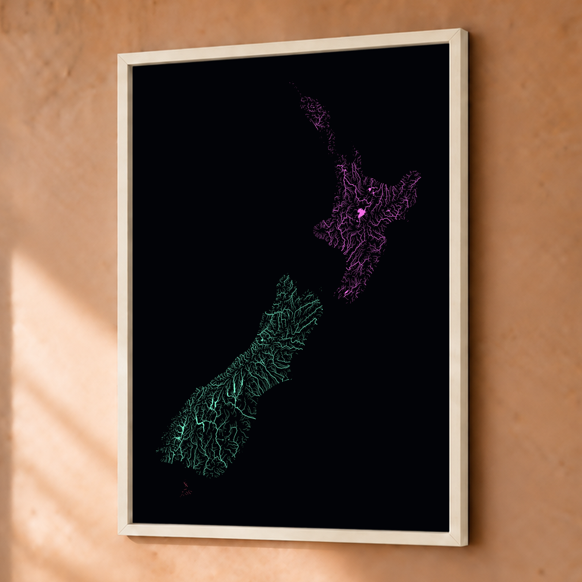 Beautiful Rivers — Nova Zelândia — Neon por território, Fine art emoldurado · 30 × 40 cm, Branco · Sem margem