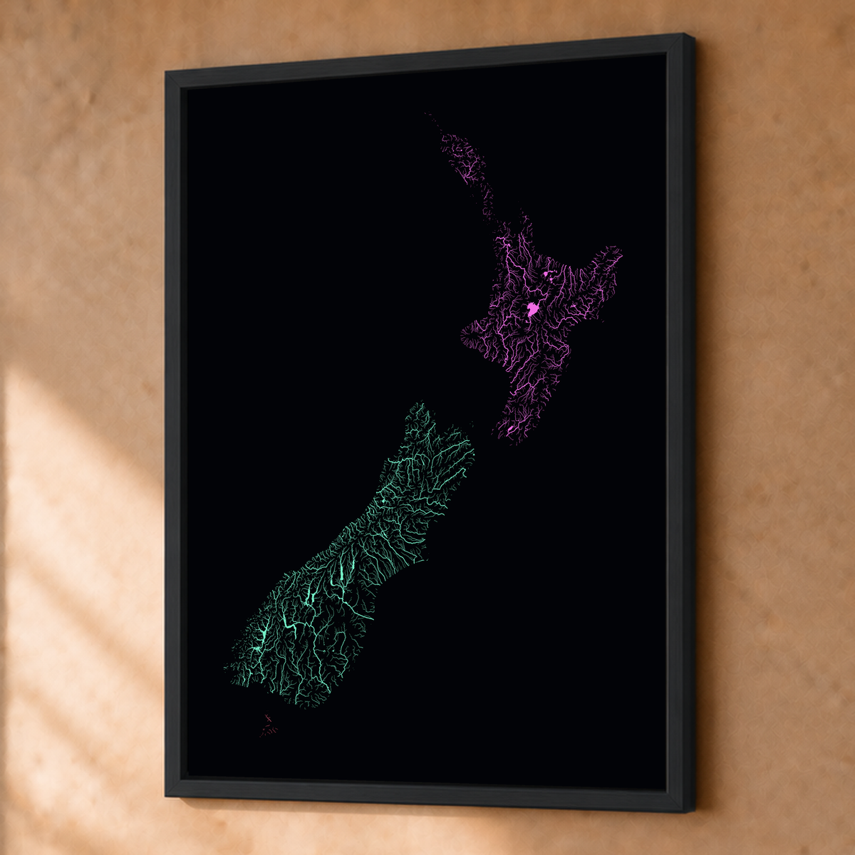 Beautiful Rivers — Nova Zelândia — Neon por território, Fine art emoldurado · 45 × 60 cm, Preto · Sem margem