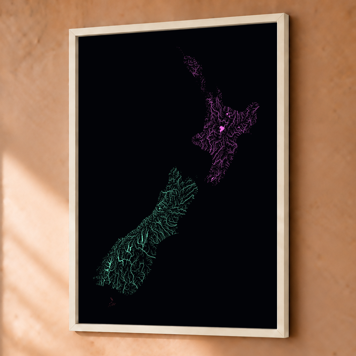 Beautiful Rivers — Nova Zelândia — Neon por território, Fine art emoldurado · 45 × 60 cm, Branco · Sem margem