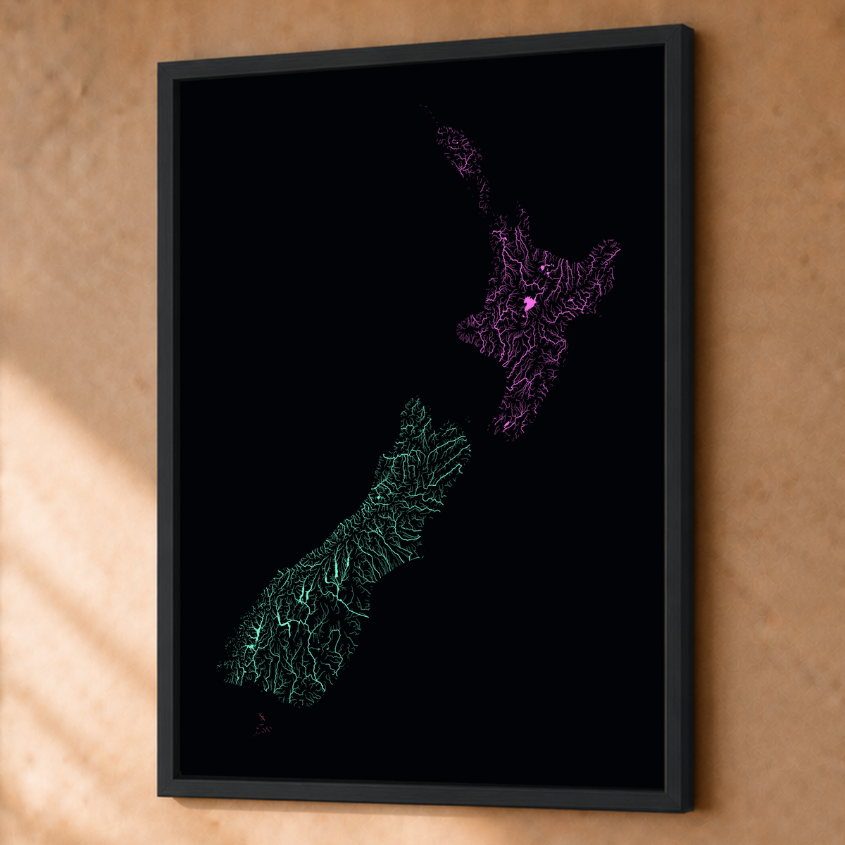 Beautiful Rivers — Nova Zelândia — Neon por território, Fine art emoldurado · 60 × 80 cm, Preto · Sem margem
