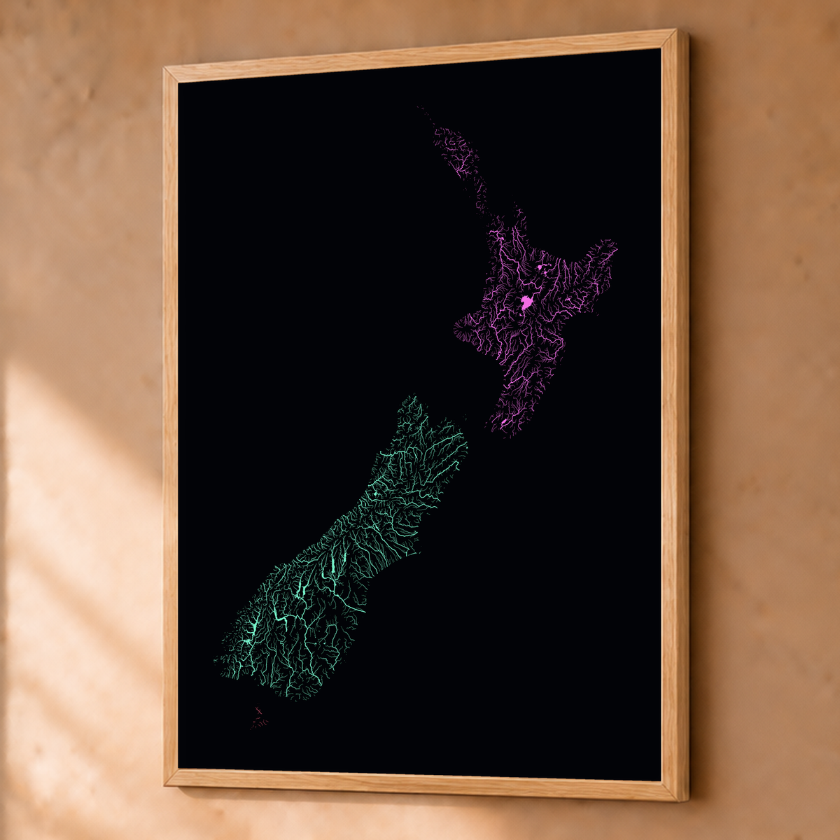 Beautiful Rivers — Nova Zelândia — Neon por território, Fine art emoldurado · 60 × 80 cm, Natural · Sem margem