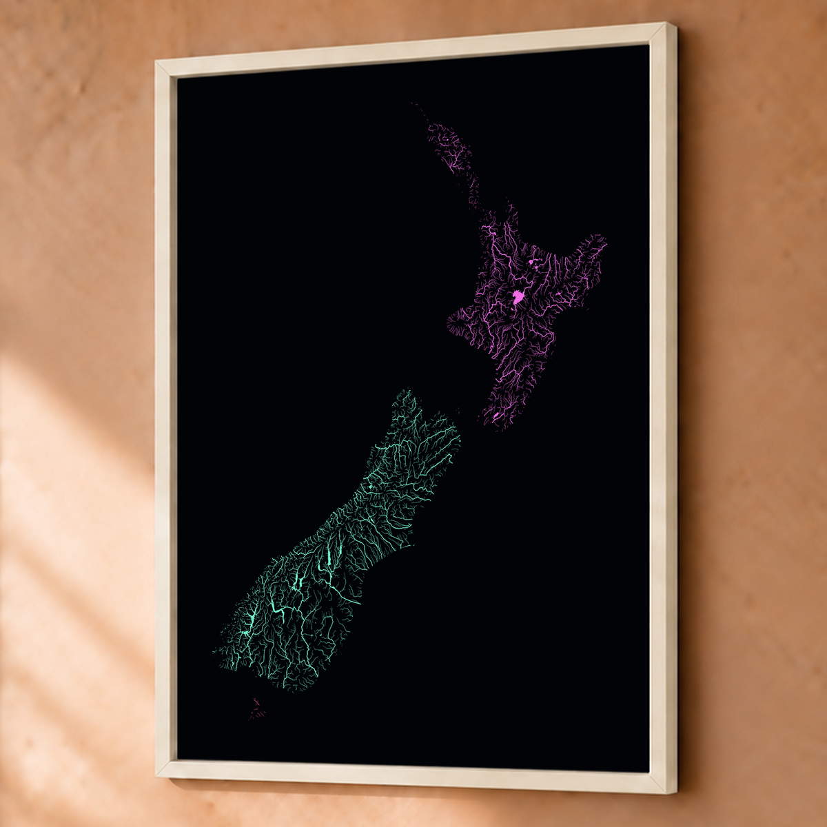 Beautiful Rivers — Nova Zelândia — Neon por território, Fine art emoldurado · 60 × 80 cm, Branco · Sem margem